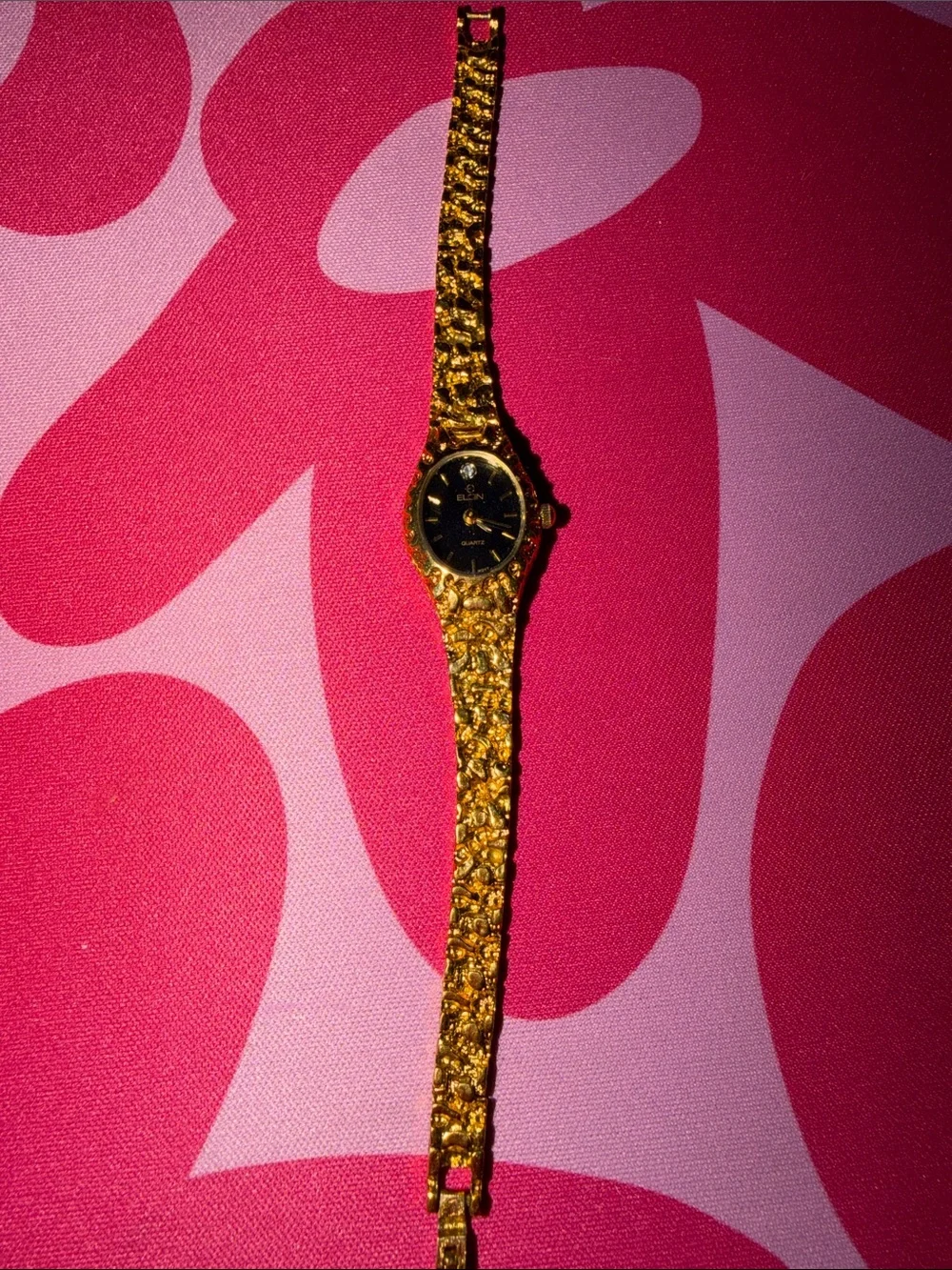 Vintage Elgin Ladies Goldtone Nugget Diamond Accent Quartz Watch GUC 6.5” long